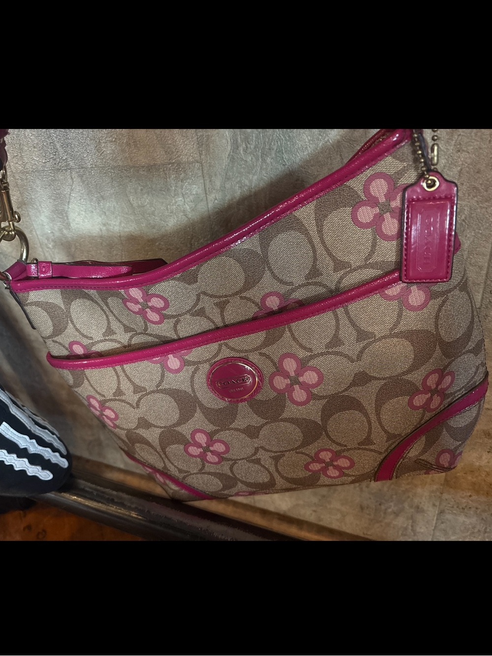 Coach Khaki Signature Crossbody with Pink Floral Trim